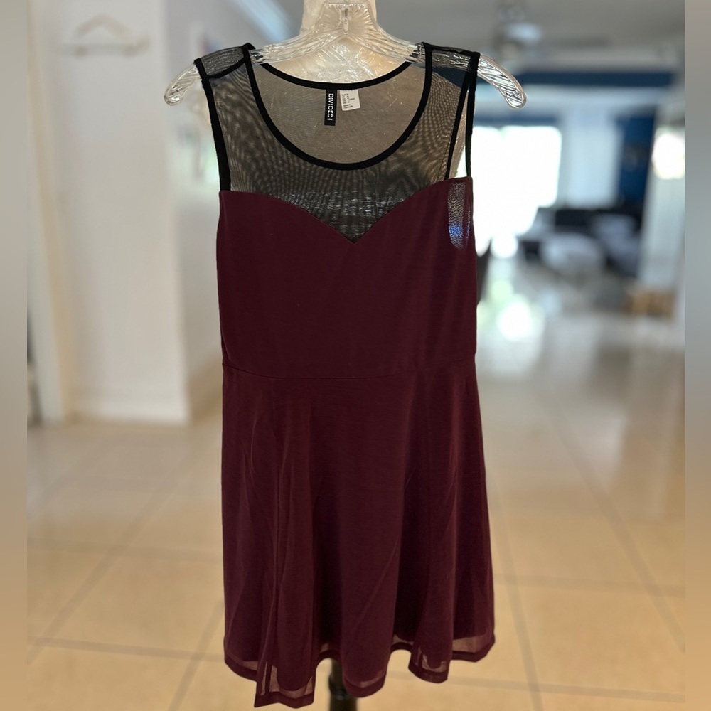 Divided Maroon Dress with Sheer Mesh Accent